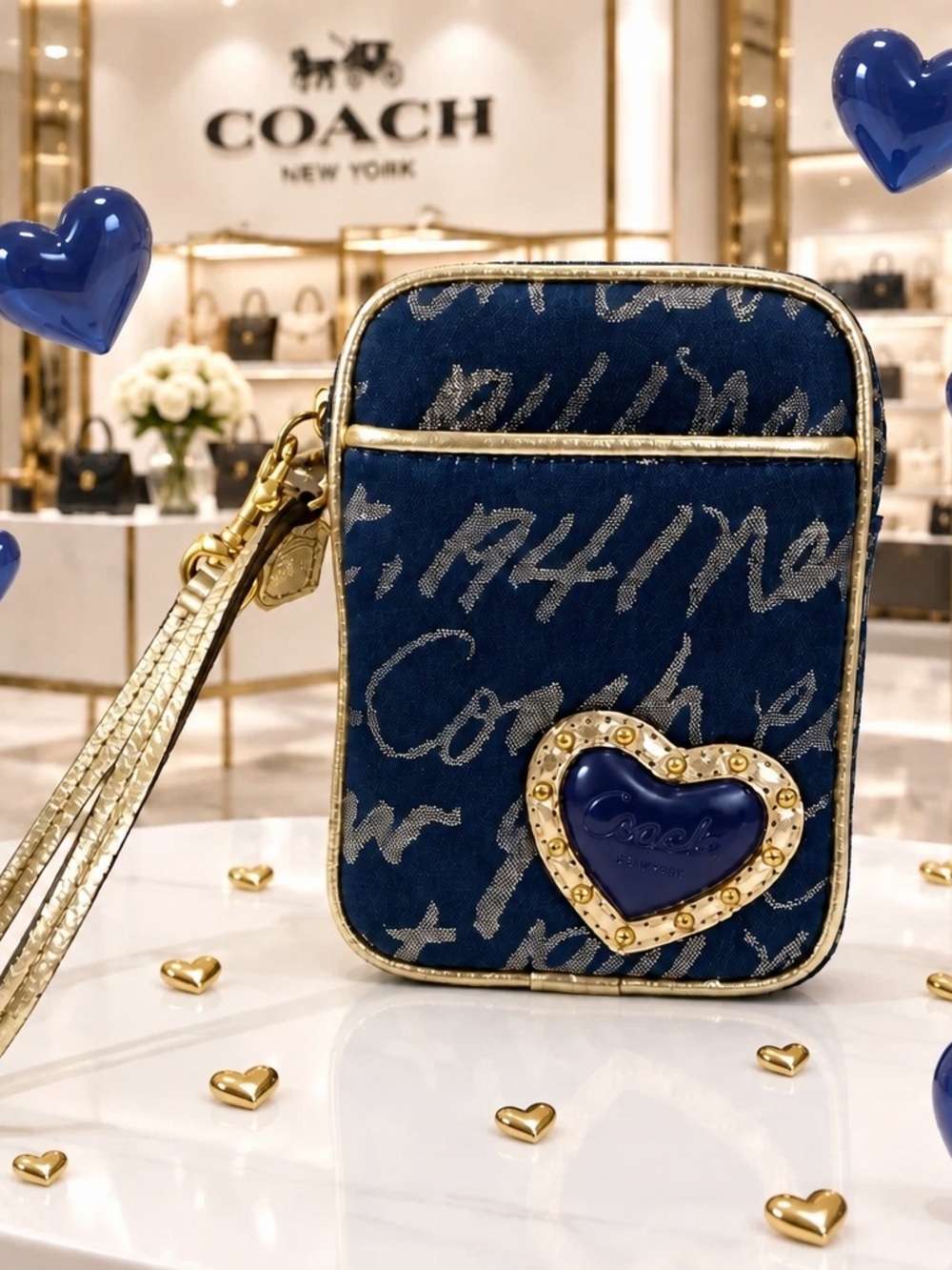 🦋RARE Coach  Poppy Script heart Navy Blue New York wristlet 🦋